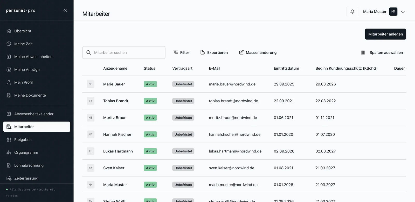 Liste der Mitarbeitenden mit Status, Vertragsart, E-Mail und Eintrittsdatum.