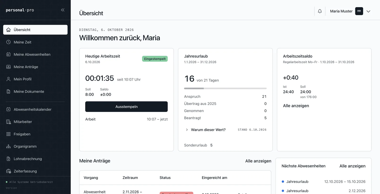 Startseite von personal·pro: laufende Arbeitszeit mit Stempeluhr, Urlaubssaldo und offene Anträge.